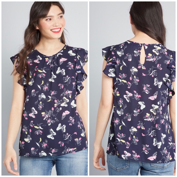 Modcloth Equal Reaction Butterfly Ruffle Top New S - Picture 2 of 9